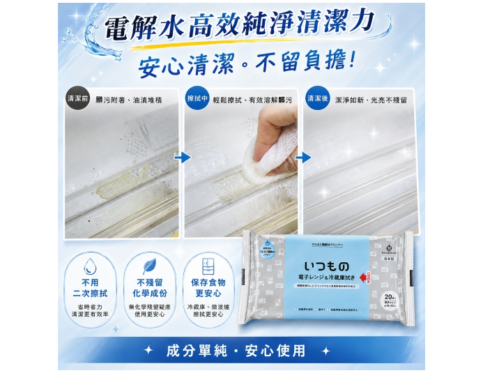 日本服部製紙鹼性電解水清潔濕巾20枚(冰箱・微波爐・居家清潔適用)